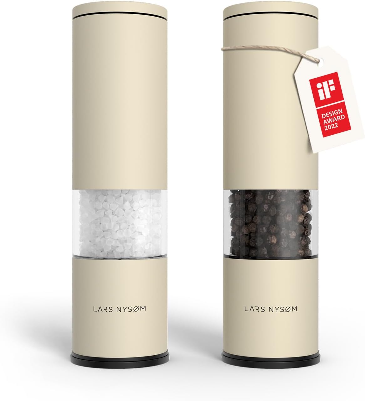 LARS NYSØM Salt and Pepper Grinder Set Manual, Stainless Steel Salt and Pepper Mills with Adjustable Ceramic Grinder I Design Spice Shakers (Almond Beige)