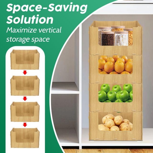 Skywin TidyFriend Stackable Storage Bins for Pantry, 4 Pack Stackable Bins For Organizing Food, Kitchen, and Bathroom Essentials (Wood)