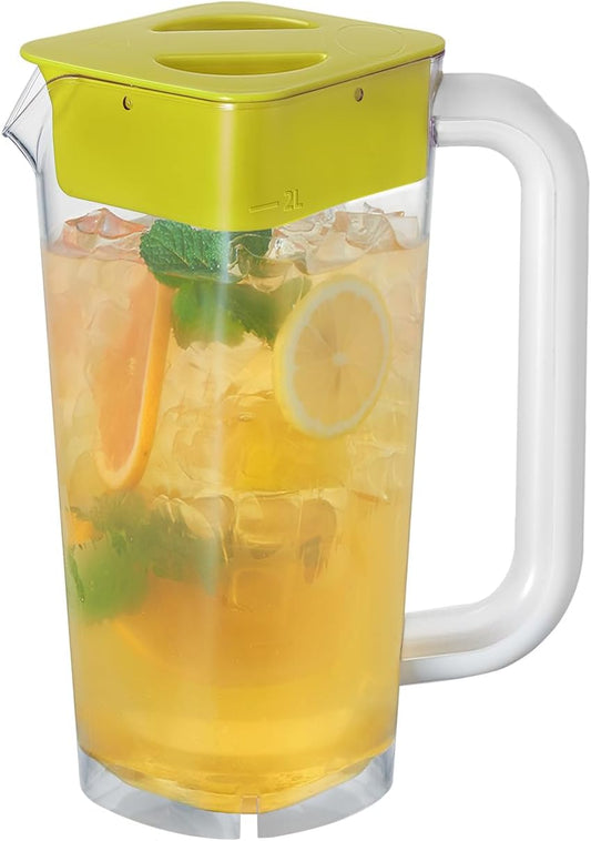CURTA 1 Pack 2 Liters/68 oz Plastic Square Pitcher with Lid & Handle for Kitchen,ICED JUICE and Coffee Carafe Beverage Serveware, Acrylic Water Jug for Hot/Cold Drinks&lemonade