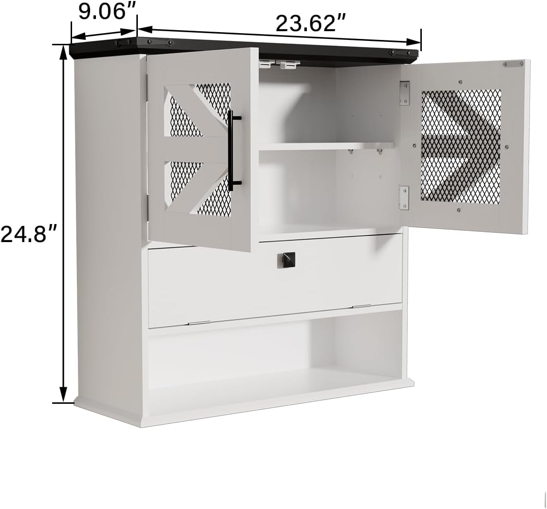 Wall Mounted Bathroom Cabinet with Double Doors, Flip-Down Storage and Open Shelf, Modern White Finish, Over-The-Toilet Space Saver Cabinet