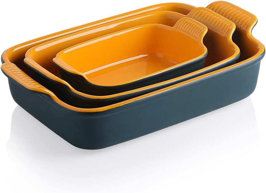 Sweejar Baking Pans Set, Ceramic 9x13 Baking Dish with Handle, Rectangular Casserole Dishes for Oven, Bakeware Sets of 3, Durable Lasagna Pan Deep for Kitchen, Banquet, Wedding Gift(Blue & Yellow)