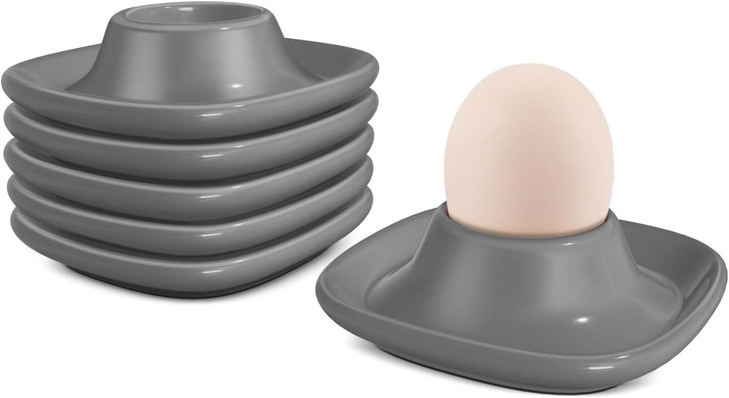 Flexzion Egg Cups for Soft Boiled Eggs - Set of 6 Ceramic Egg Holder - Stackable Egg Coddler Cups with Base for Serving, Breakfast, Brunch - Kitchen Table Decor, Gray