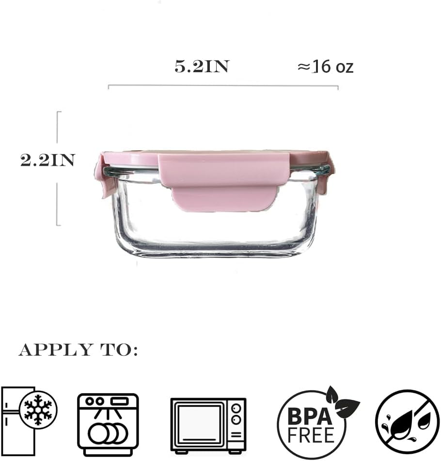Square Glass Food storage Containers with Airtight Lids, 2 cup Food Meal Prep Containers, Square Glass Bowl For Lunch Sandwich Fruit Snack, Dishwasher Microwave Freezer Safe- (Pink+Green)