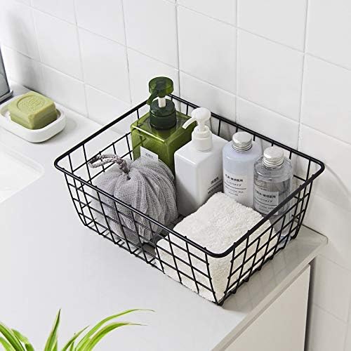 LeleCAT Wire Storage Baskets,Metal Wire Food Storage Organizer Bin Basket with Handles for Kitchen Cabinets, Pantry, Bathroom, Closets, Garage,Black 4 Pack