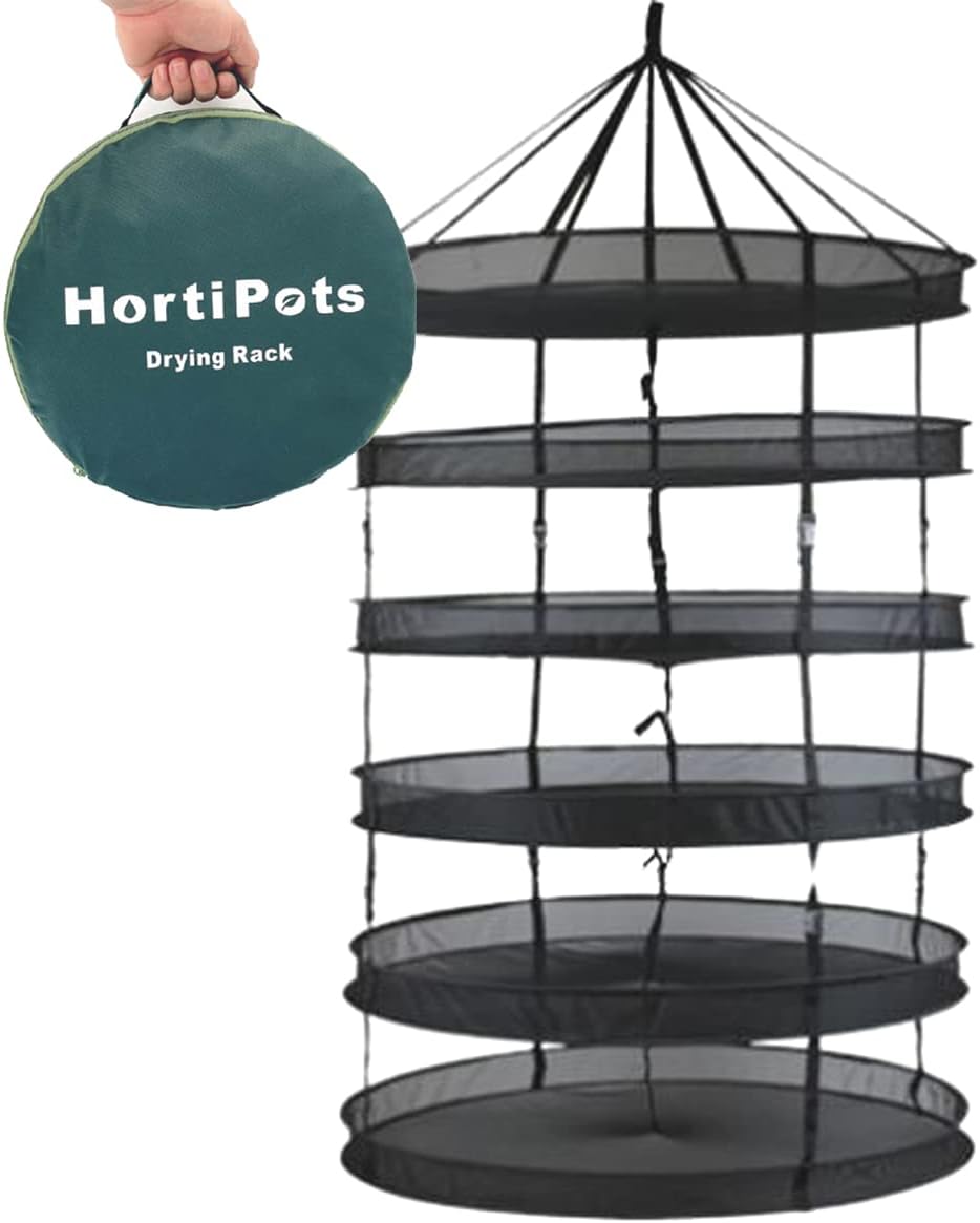 HORTIPOTS Herb Drying Rack 360 Degree Access 3 Feet Clip Adjustable Center Support Straps NO Sagging Fine Mesh Netting (Heavy Duty Clips 3FT)