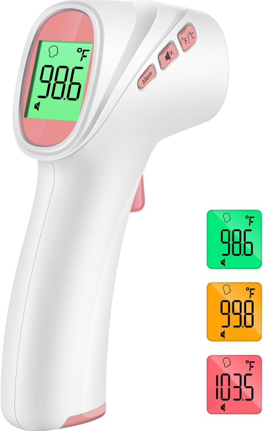 Forehead Thermometer for Adults, Kids & Babies, No-Touch Digital Thermometer with LCD Backlight Display, Fever Alarm and 1s Instant Reading - Pink