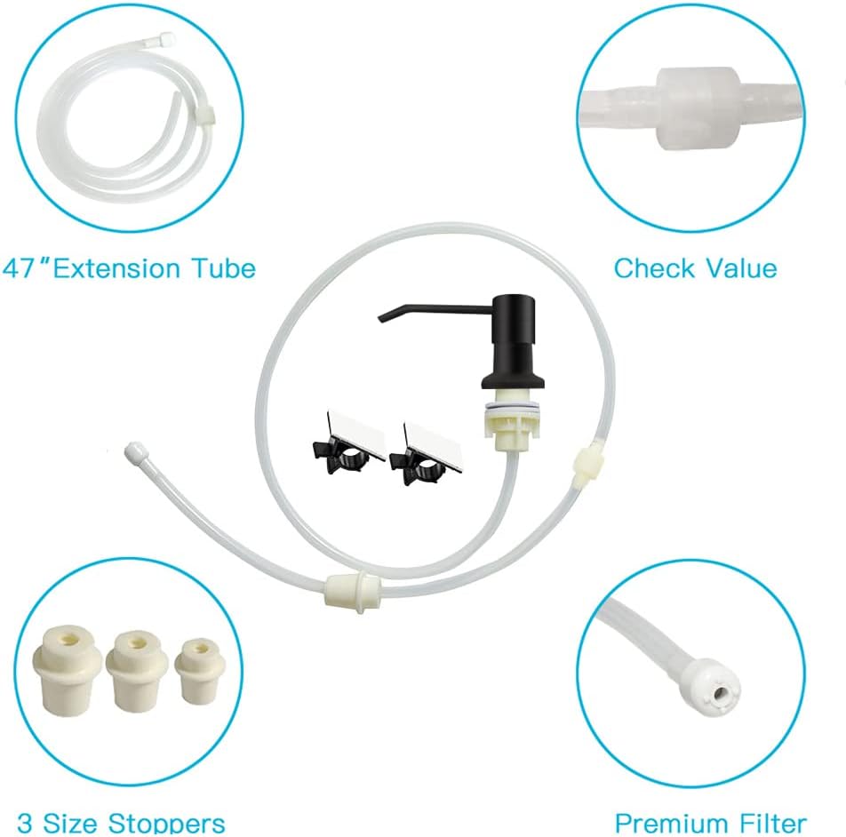 Dish Soap Dispenser for Kitchen Sink, Countertop Sink Soap Dispenser Water Pump with 47” No-Spill Extension Tube Kit Design for Kitchen Bathroom, Easy to Press, No More Refills （Black）
