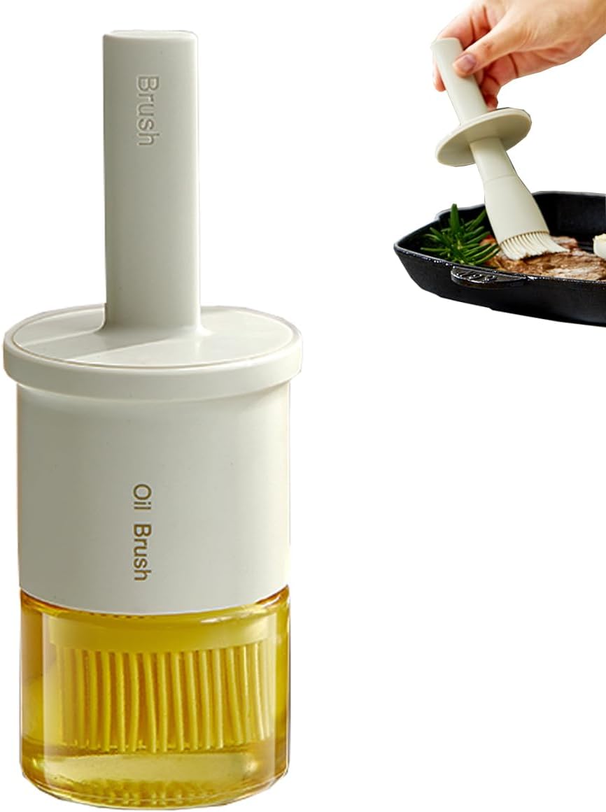 Glass Oil Dispenser with Heat Resistant Brush,Oil Dispenser Bottle with Silicone Pastry Brush for Kitchen,Cooking Vinegar and Sauce BBQ Grill Frying (Oil Dispenser-White)