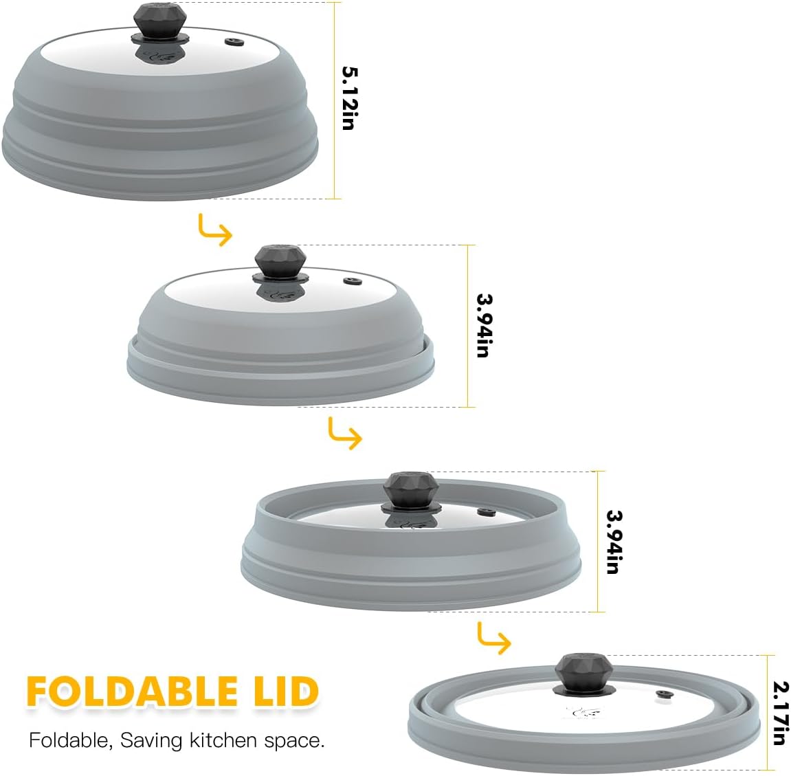 Microwave Splatter Cover Vented Glass Splatter Guard Lid with Collapsible Silicone for Food as Pot Cover Plate 9.8 inch Light Grey