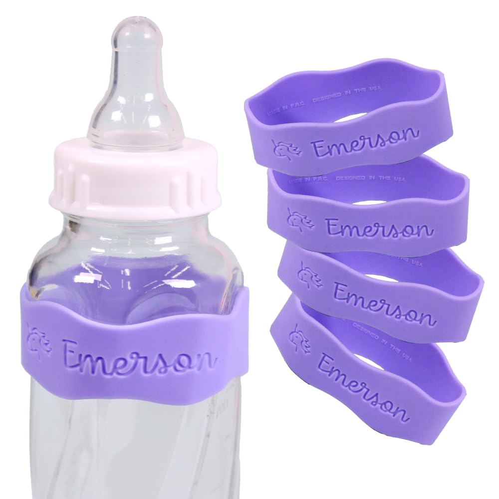 InchBug Orbit Labels - Baby Bottle Name Labels for Daycare, Sippy Cup Bands - Engraved Silicone, Reusable, Dishwasher Safe, Matching Color Personalization, 4-Pack (Lavender Gelato)