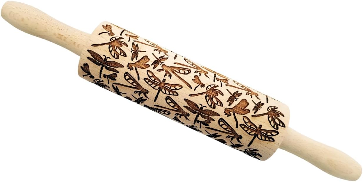 DRAGONFLY EMBOSSING ROLLING PIN WOODEN EMBOSSING ROLLING PIN with DRAGONFLY for EMBOSSED COOKIES GIFT for MOTHER FRIEND