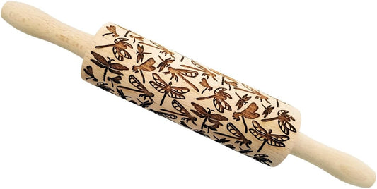 DRAGONFLY EMBOSSING ROLLING PIN WOODEN EMBOSSING ROLLING PIN with DRAGONFLY for EMBOSSED COOKIES GIFT for MOTHER FRIEND