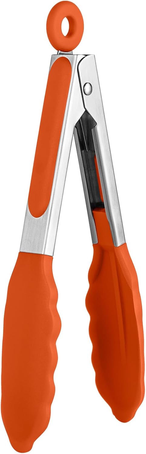 480ºF Heat Resistant Kitchen Tong: U-Taste 7 inch Silicone Cooking Tong with Firm Sealed Non Stick Rubber Tips & Silicon Coated 18/8 Stainless Steel Handle & Smooth Locking for Serving Salad (Orange)