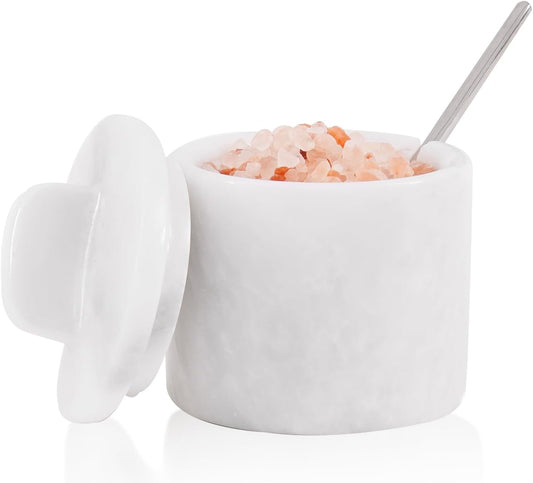 Marble Salt Cellar with Lid and Spoon 4 Inch White Handmade Small Seasoning Containers - Decorative Spice Jars, Sugar Bowl with Spoon & Flaky Salt Dish for Kitchen Countertop Storage