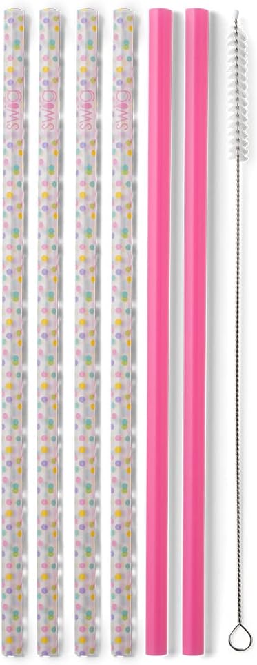 Swig Life Reusable Straws Confetti + Pink Tall Straw Set & Cleaning Brush, Each Straw is 10.25 inch Long (Fits Swig Life 20oz Tumblers, 22oz, and 32oz Tumblers)