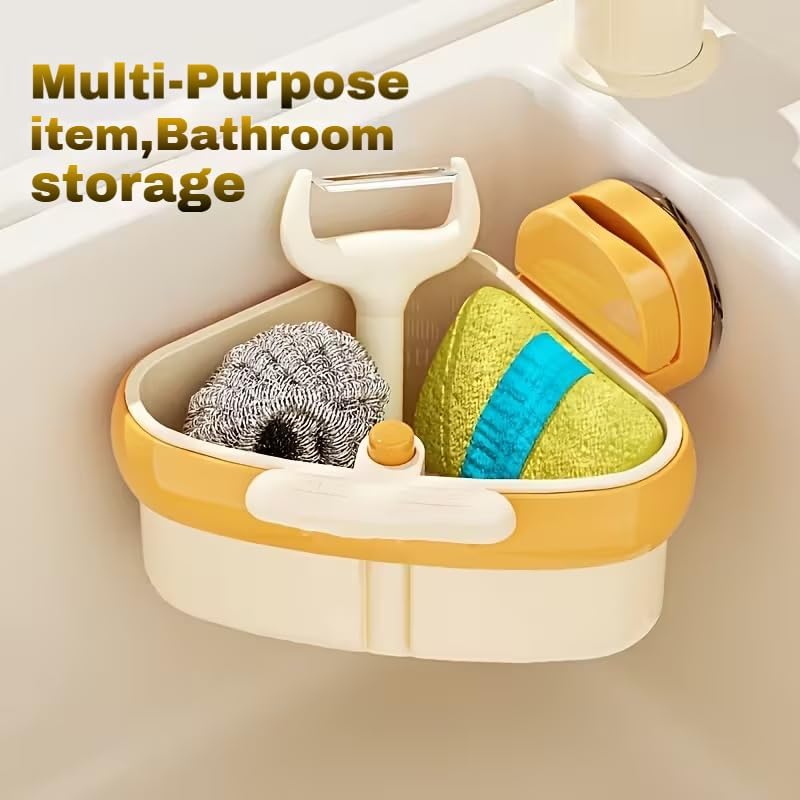 Suction Cup Sink Corner Rack, 2025 Upgrade Corner Sink Strainer Basket, One-Press Automatic Dumping, Suction Cup Press Sinks Drainer Basket, Sponge Storage Rack, Durable and Easy Cleaning G