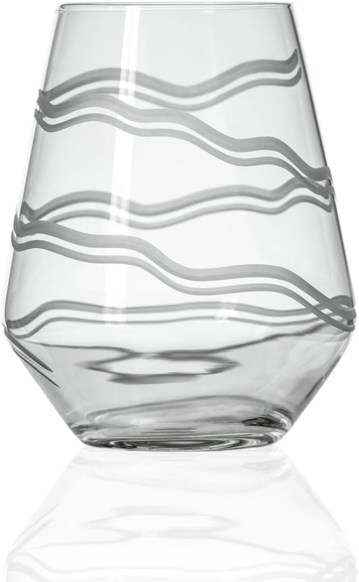 Rolf Glass Good Vibrations Stemless Wine Glass | Set of 4 Large 18oz Glasses | Lead-Free Crystal Glass | Diamond-Wheel Engraved | Proudly Made in the USA | Etched Spiral Design