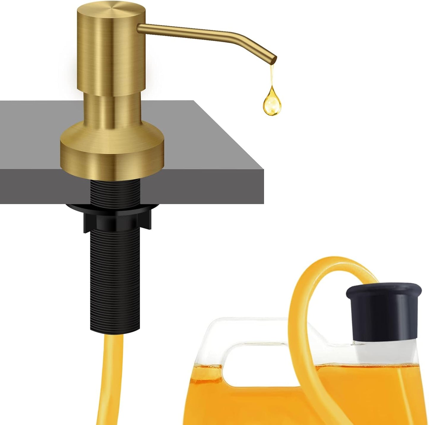 Sink Soap Dispenser for Kitchen Sink, Countertop Built in Sink Soap Dispenser with 47”Extension Tube kit, No Need to Fill The Little Bottle Again (Golden)