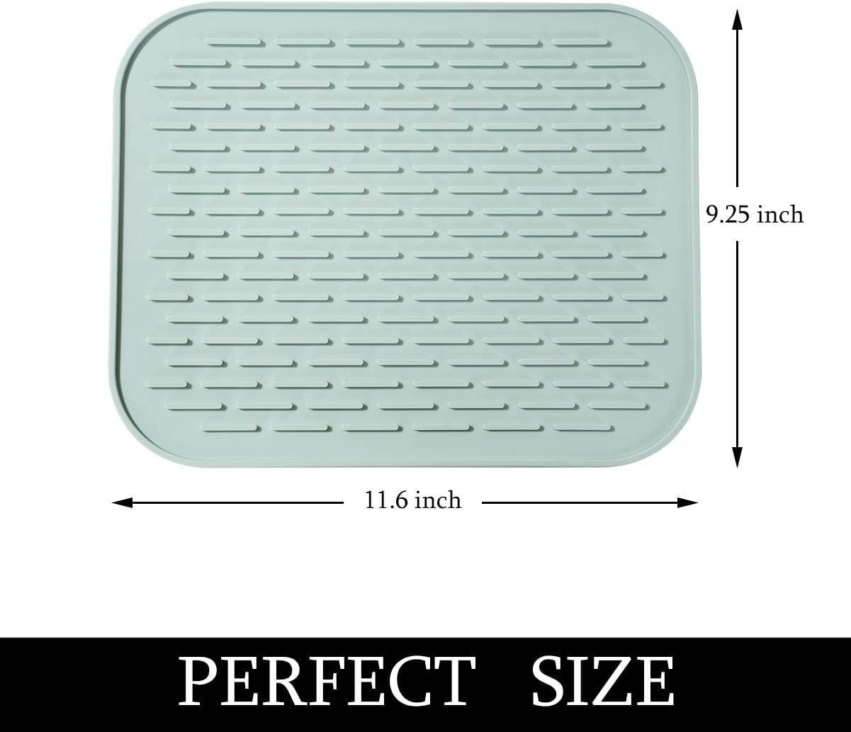 Dish Mat Silicone Dish Drying Mats Works For Drying Stemware Cocktail Glasses Silverware Pots Pans Knives and Dish Rack for Kitchen Counter Sink Bar Pads Easy to Clean (M (11.5" x 9.1") Green)