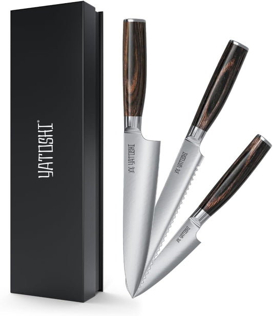 Yatoshi Kitchen Knife Set - 3 Piece, Ultra Sharp High Carbon Stainless Steel, Full Tang
