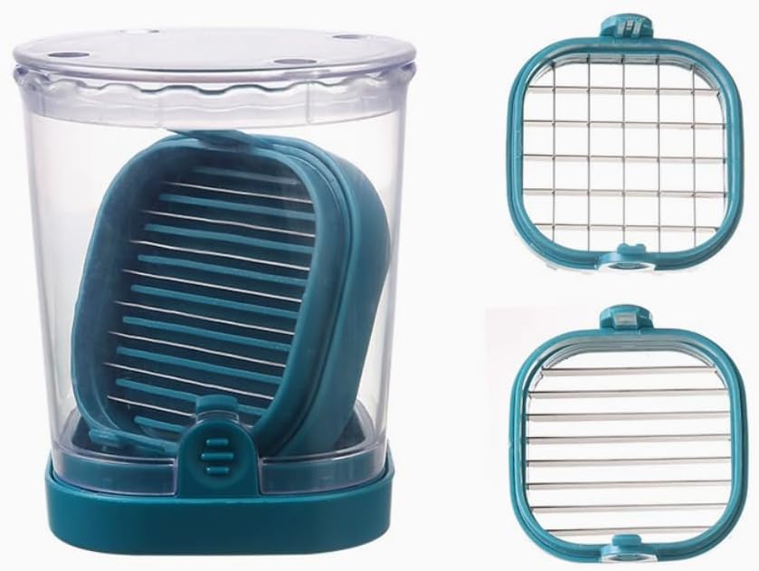 Fruit Slicing Cup - halteoly, 2 in 1 High Speed Cutter for Strawberries, Bananas, Grapes, Eggs etc Stainless Steel Vegetable Dicer, Kitchen Gadget, Kitchen Portable Slicing Tool (Dark blue)