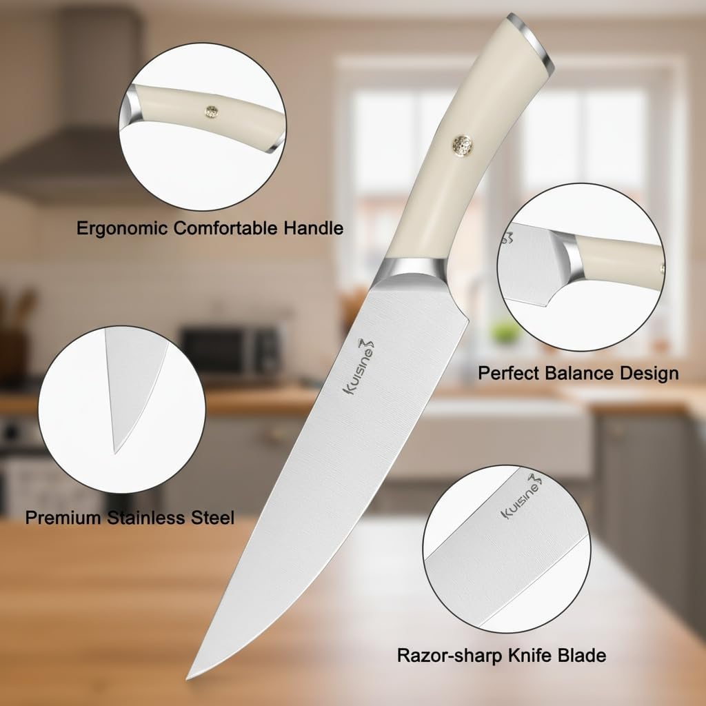 KUISINE Knife Set High Carbon Stainless Steel Super Sharp Blade Ergonomic Rivet Handle,Knife Block Set with Built-in Sharpener(Ivory Acacia Pro 15PCS)