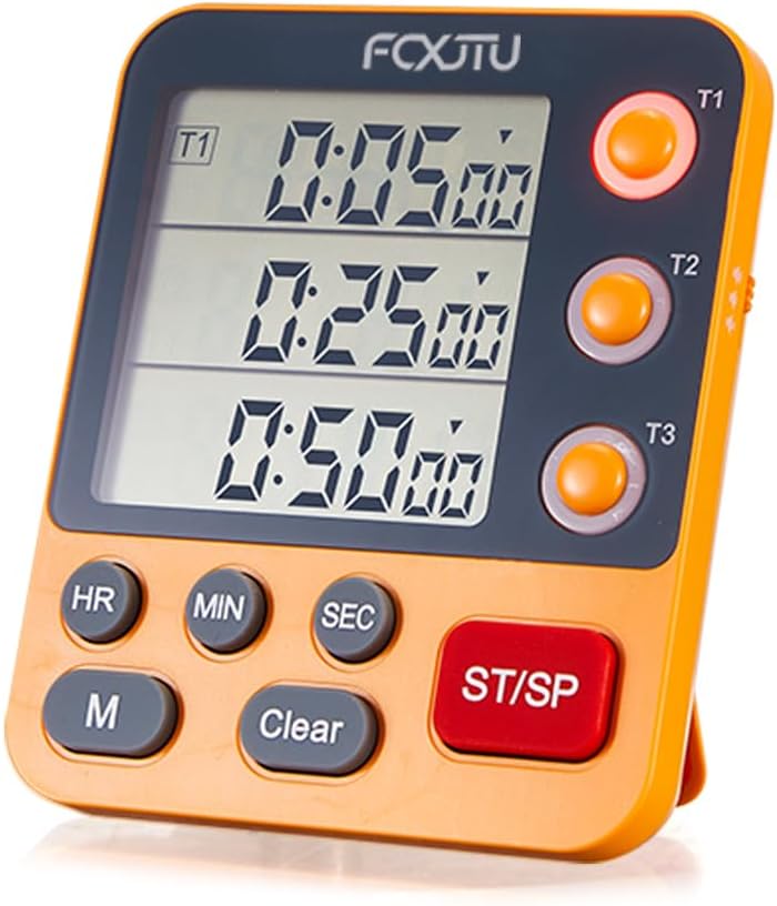 FCXJTU Digital Dual Triple Kitchen Timer, 3-Channel Magnetic Countdown Timer for Cooking, Large Display Stopwatch Multi Food Classroom Timer Loud Alarm for Seniors Teachers Battery Included (Orange)