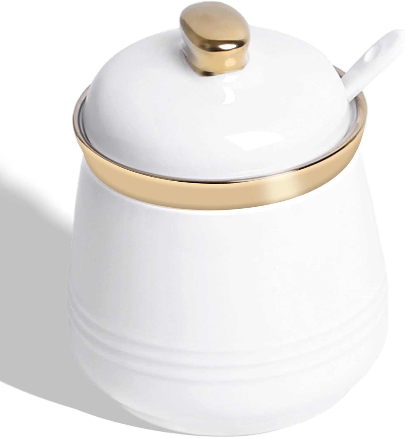 HAOTOP 12oz Sugar Bowl with Lid and Spoon,Simple Ceramic Sugar Jar Sugar Container Sugar Dispenser Coffee Bar Accessories, Modern Kitchen Countertop Canisters, White