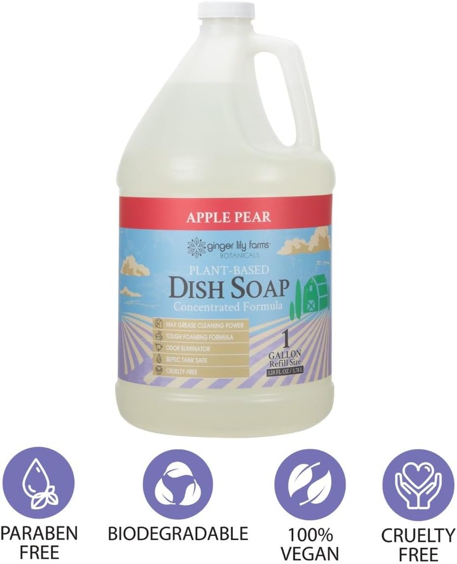 Ginger Lily Farms Botanicals Plant-Based Liquid Dish Soap, Concentrated Formula with Max Grease Cleaning Power, Cruelty-Free, Apple Pear Scent, 1 Gallon Refill (128 Fl. Oz.)
