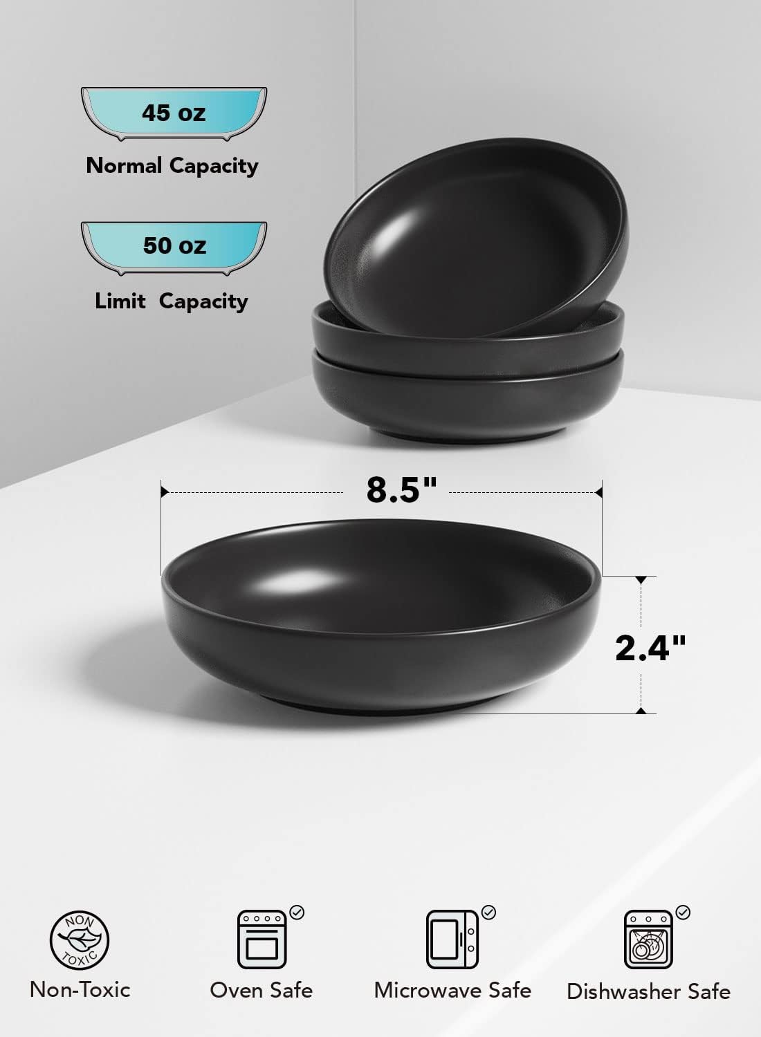 LE TAUCI Pasta Bowls 45 oz, Salad Bowls Set for Serving Soup, Pasta, Noodle, Dinner, Large Kitchen Bowl Plates, Microwave Safe - 8.5 Inch, Set of 4, Matte Black
