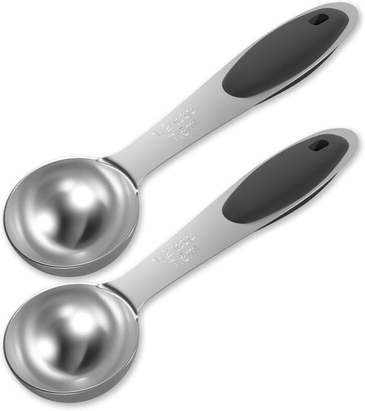 2PCS 1/2 Tbsp(1.5tsp, 1/4oz, 7.5ml) Single Measuring Spoon with Black Silicone Grip, Stainless Steel Individual Measure Scoop Only