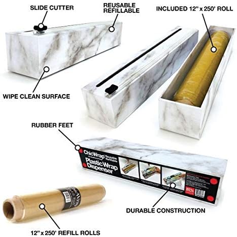 Chicwrap Carrara Marble Refillable Plastic Wrap Dispenser - One 12" x 250' Roll of Professional Grade Plastic Wrap - BPA Free and Kosher Certified - Reusable Dispenser w/Slide Cutter