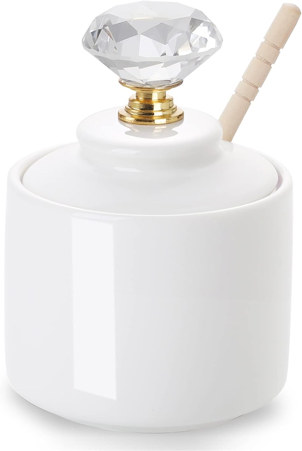 Ceramic Honey Jar with Dipper and Crystal Lid, Small Honey Pot for Home Kitchen, 8oz (Gold)