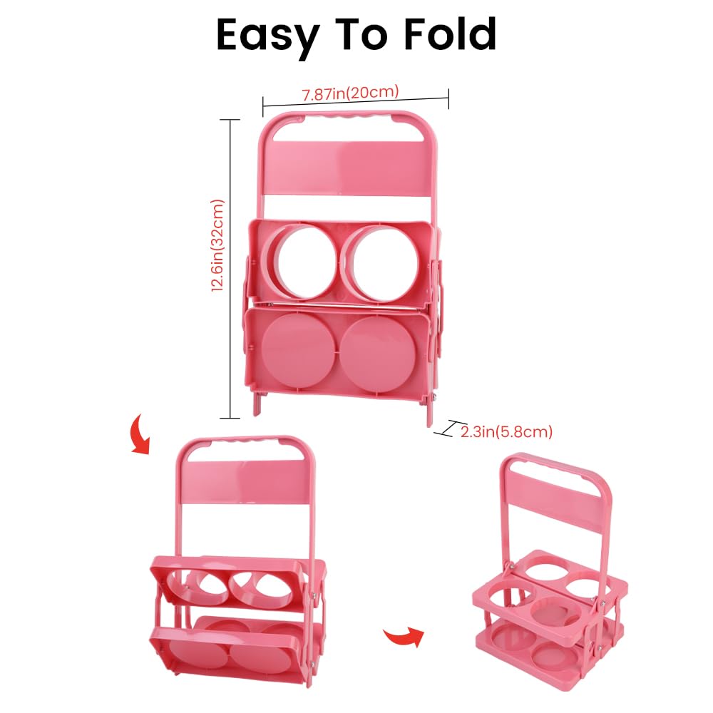 Bodaon 4 Cup Drink Carrier with Handle, Plastic Cup Carriers for Drinks, Drink Holder for Car, GrubHub/Eats Doordash Accessories, Portable Foldable Reusable Mobile, Use for Food Delivery Bag, Pink