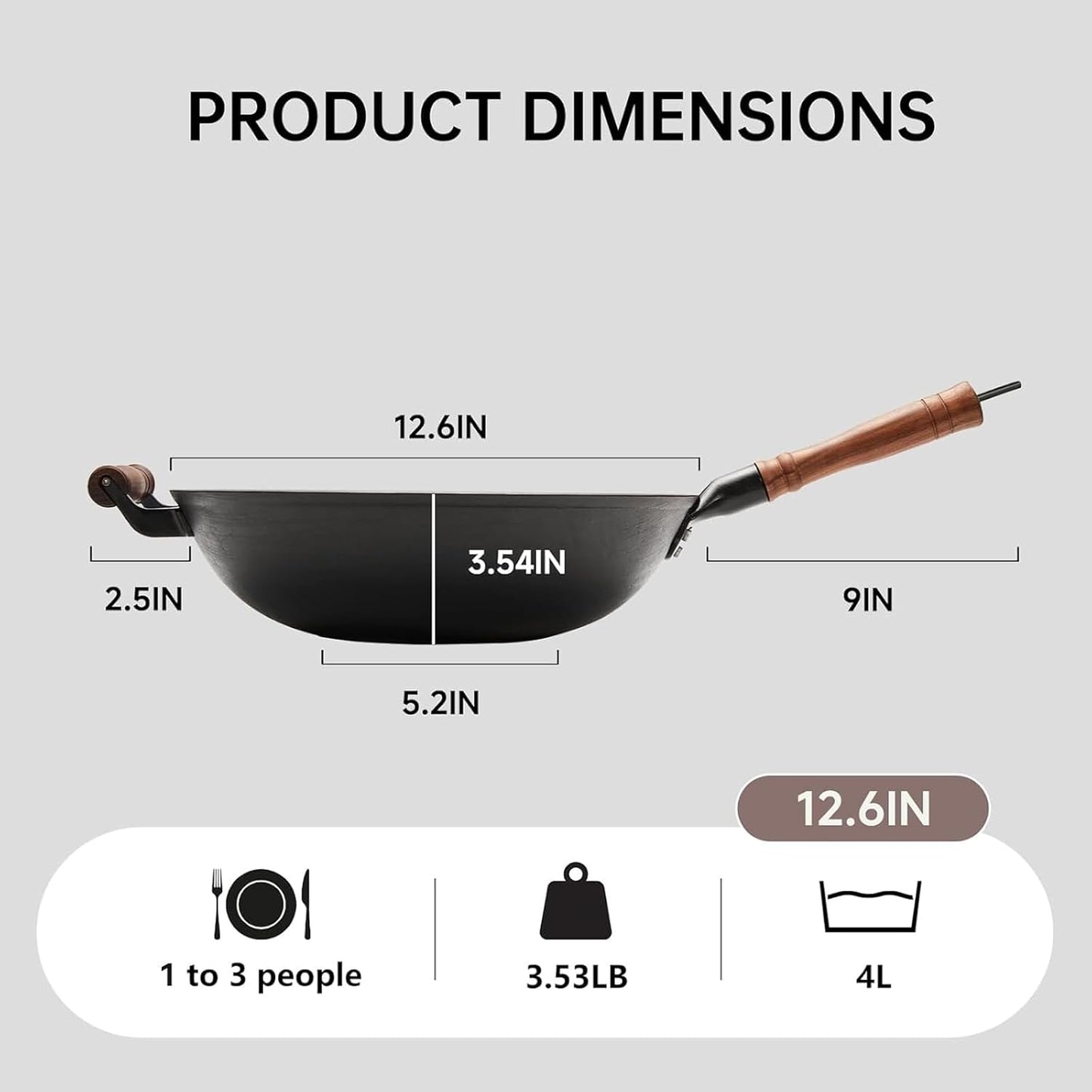 WANGYUANJI Cast Iron Wok Pan 12 inch Flat Bottom with Wooden Handle and Lid, Large Wok Stir Fry Pan Suitable for All Cooktops, Chinese wok with Free Dishcloth and Brush