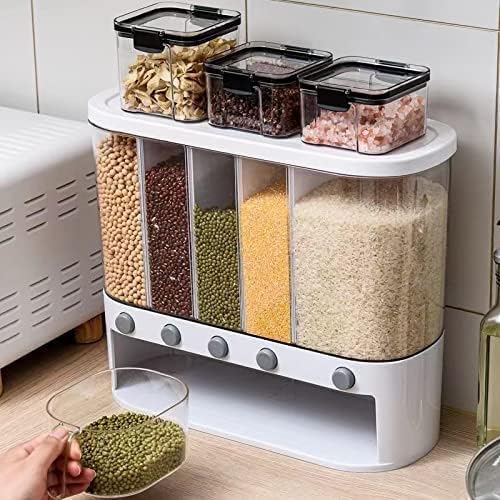Dry Food Dispenser,Wall mounted 5 Grid Cereal Dispenser,Rice dispenser 25 pounds Kitchen Storage with Measuring Cup