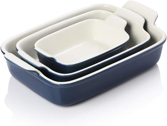 Sweejar Baking Pans Set, Ceramic 9x13 Baking Dish with Handle, Rectangular Casserole Dishes for Oven, Bakeware Sets of 3, Durable Lasagna Pan Deep for Kitchen, Banquet, Wedding Gift(Navy)