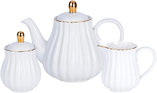 Jusalpha Fine China Pink Teapot and Creamer Sugar Bowl Set, TW (White)