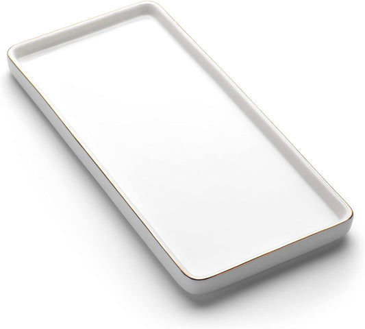 Gurygo 10" Bathroom Tray, Ceramic Vanity Trays for Bathroom, Small Ceramic Tray, Kitchen Soap Trays for Kitchen Counter (White with Gold-Edged, 10",Set/1)