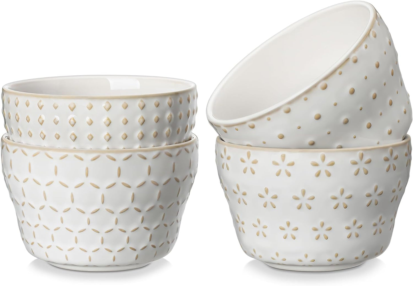 MALACASA Small Dessert Bowls 8 oz, Ice Cream Bowls, Dipping Sauce bowls,Ceramic Bouillon Soup Cups or Certain Side Dishes, Microwave & Dishwasher Safe, Set of 4, Arctic White, Series LYDIA