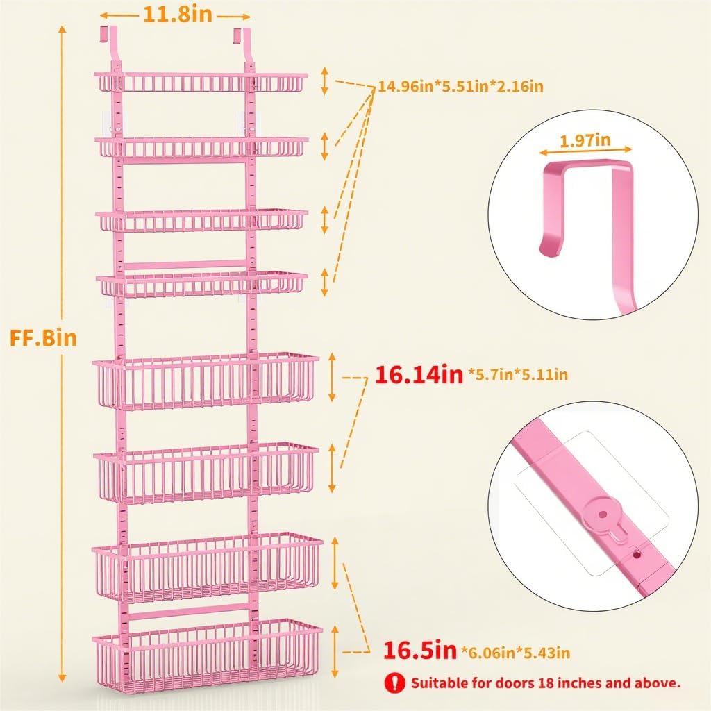 Moforoco Pink Over The Door Pantry Organizer, Pantry Door Organizer Shelves, Kitchen Organizers and Storage, Hanging Basket Wall Spice Rack Seasoning Shelves, Laundry Room Bathroom accessories