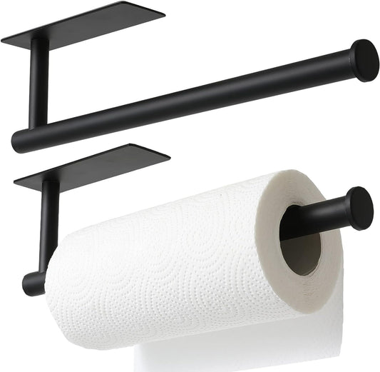 theaoo 2 Packs Paper Towel Holder - Under Cabinet Paper Towel Holder for Kitchen, Adhesive Paper Towel Roll Rack for Bathroom Towel, Wall Mounted Matte Black Paper Towel Rack, SUS304 Stainless Steel