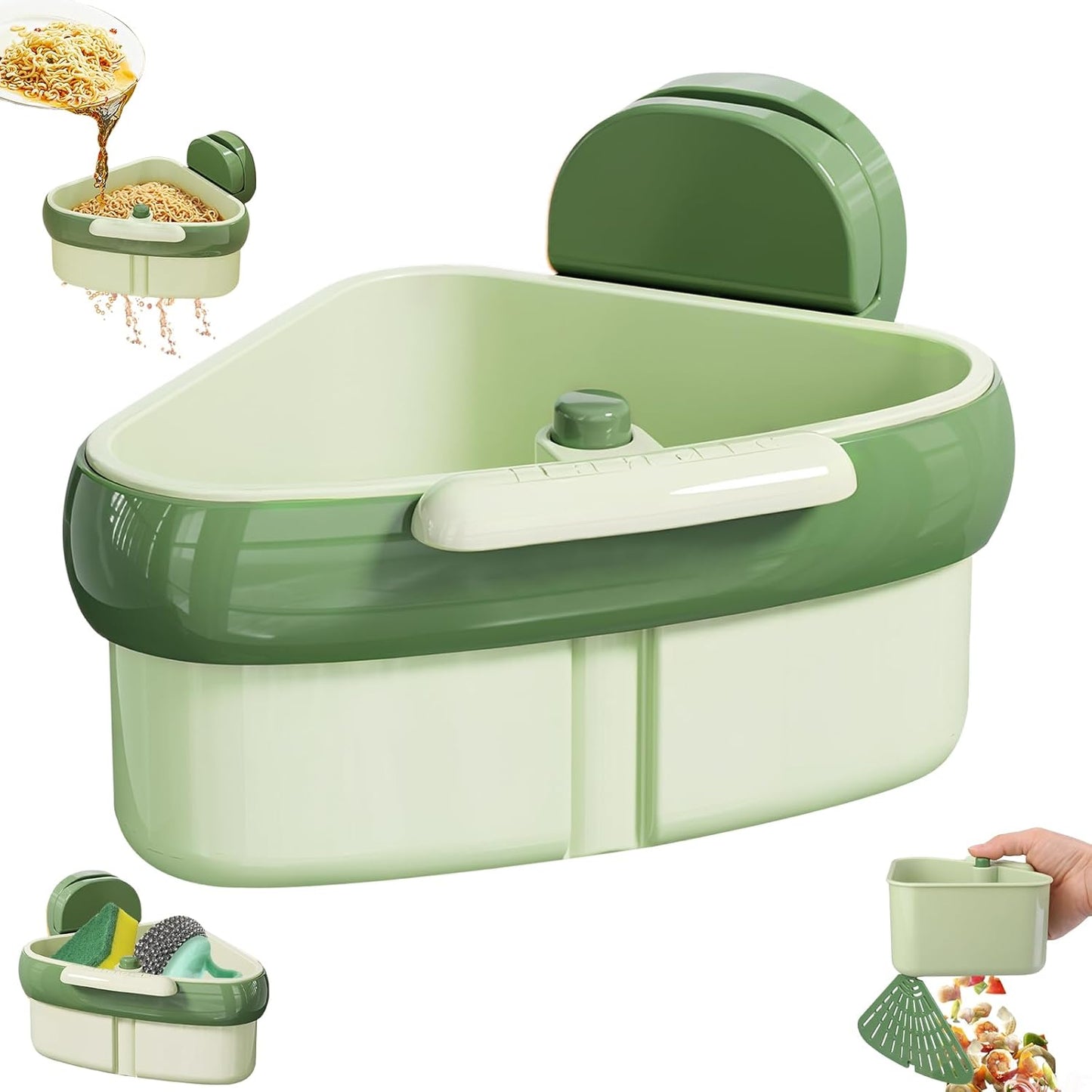 Sink Strainer Basket, 2025 New Upgraded Suction Cup Sink Corner Rack, Triangle Suction Cup Press Sink Drainer Basket, Automatic Dumping Corner Sink Trash Catcher for Kitchen Bathroom (Green)