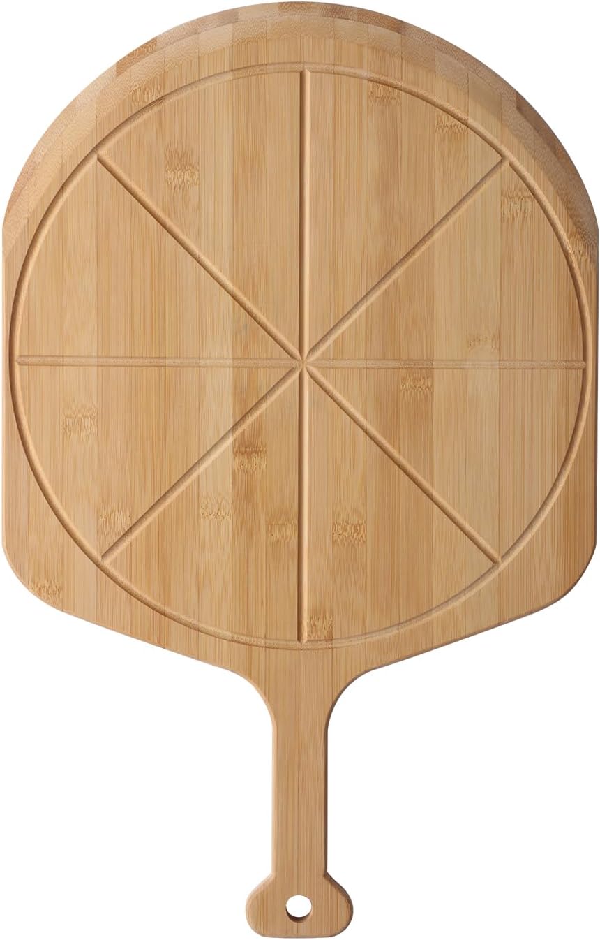 12” Bamboo Pizza Peel - Lightweight Smooth Wooden Pizza Paddle and Pizza Cutting Board with 8 Slice Grooves, Outdoor Pizza Oven Accessories, 17.3 Inch x 12.2 Inch