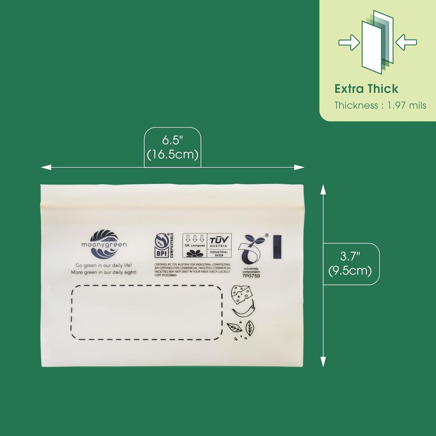 Compostable Food Storage Bags, Resealable Snack Bags, 50 Count, 6.5 x 3.7 inches, Extra Thick, Certified US BPI ASTM D6400 Europe OK Compost