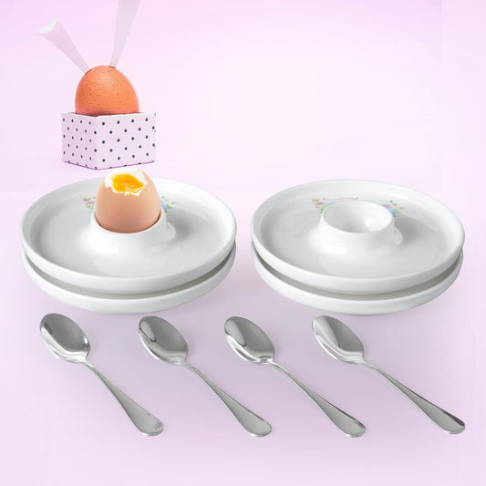 Cinf EggHolder & Spoon Set 4 Ceramic Egg Holders + 4 SS Spoons Breakfast Plate Easter Rabbit 5.5'' Food Container Egg Tray Dinner Serving for Hard Boiled Eggs, Easter & Deserts Kitchen