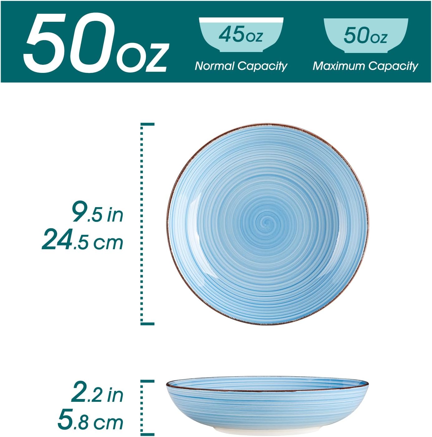 vancasso Bonita Pasta Bowls Set of 6, 50oz Large Salad Bowls for Kitchen, Stoneware Serving Bowls Dishwasher & Microwave Safe, Blue Bowl Set