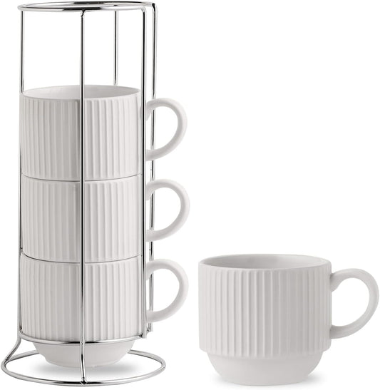 Hasense Ceramic Coffee Mugs Set of 4 with Rack - 15 oz Stackable Large Porcelain Ribbed Latte Cup Set for Cappuccino, Tea, Hot Cocoa, Drinks - Dishwasher & Microwave Safe, White