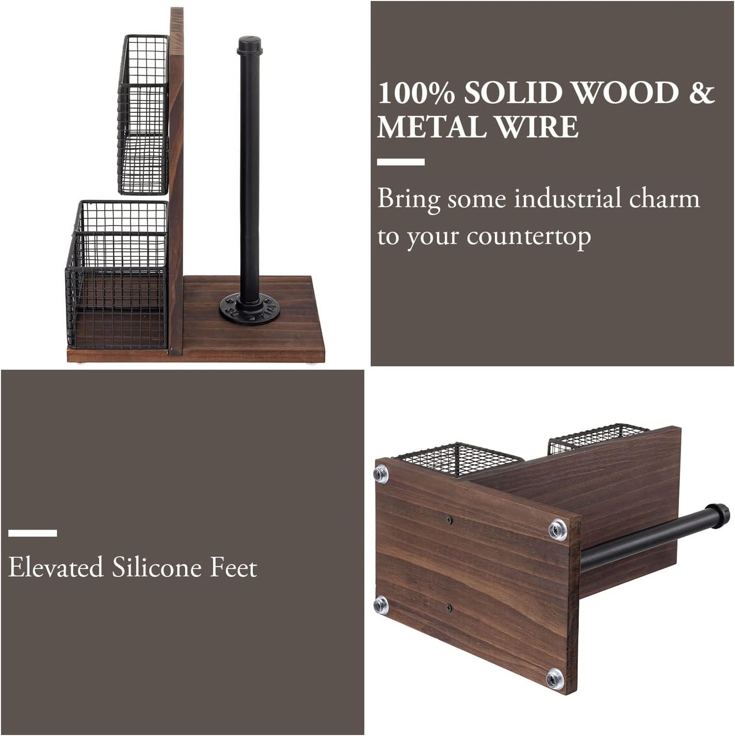 MyGift 3-in-1 Kitchen Organizer with Paper Towel Holder, Napkin Holder & Spice Rack - Rustic Wood & Industrial Metal Pipe Caddy for Farmhouse Dining Table