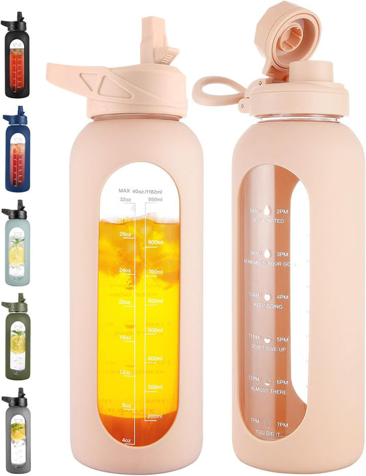 CIVAGO 40 oz Glass Water Bottle with Straw and Handle, Large Sports Motivational Water Bottle Flask with Time Marker and 2 Lids, Leakproof Water Jug Canteen with Silicone Sleeve for Gym,Beige
